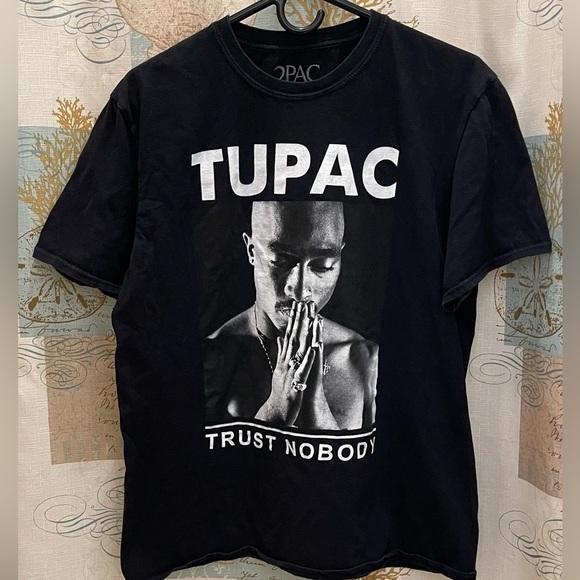 Tupac Trust Nobody Black Tee EUC Logo 90’s Rapper Hip Hop Womens Lg 2Pac Short - Picture 1 of 7